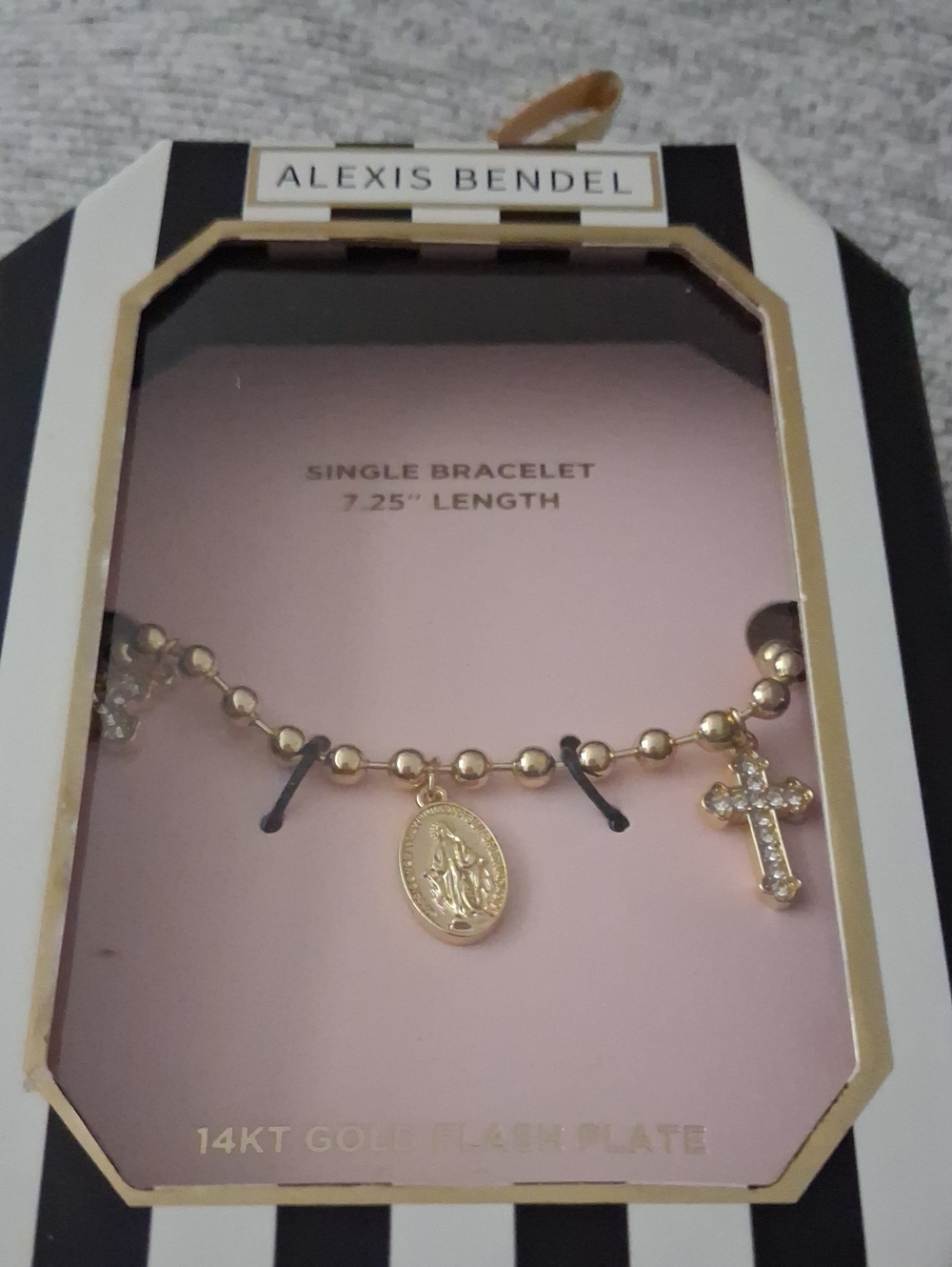Alexis Bendel Gold Bead Charm Bracelet with Cross and Medallion - Pink Card